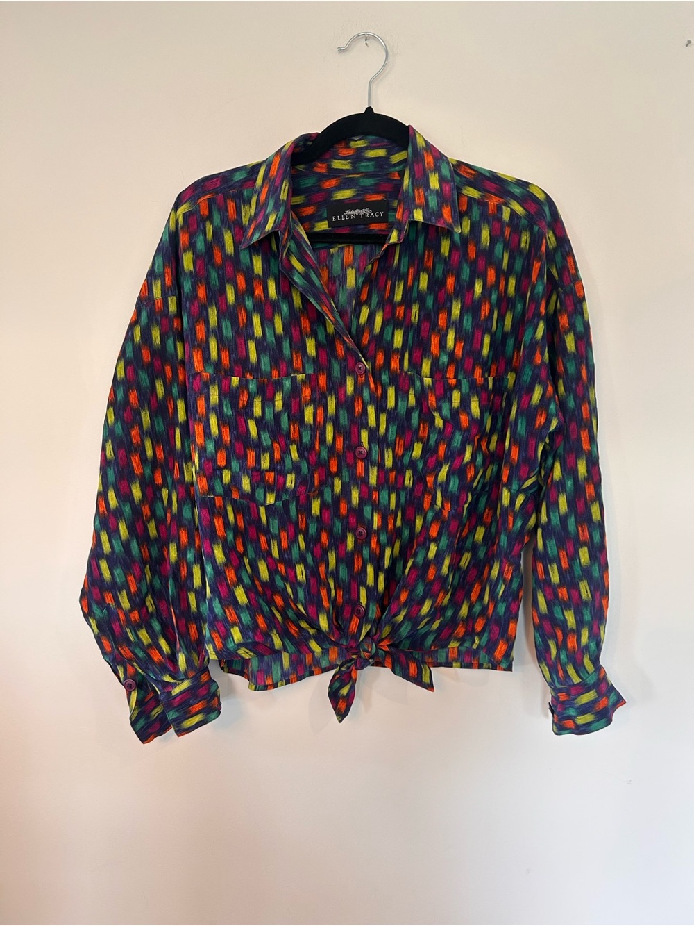 VTG Linda Allard for Ellen Tracy Multicolor 100% Silk Button Down Tie-Hem Shirt